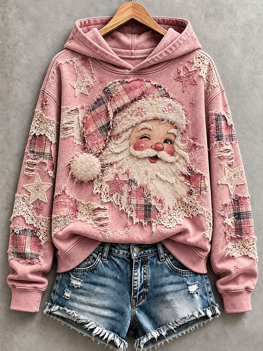 Women's Pink Santa Patchwork Art Hoodie