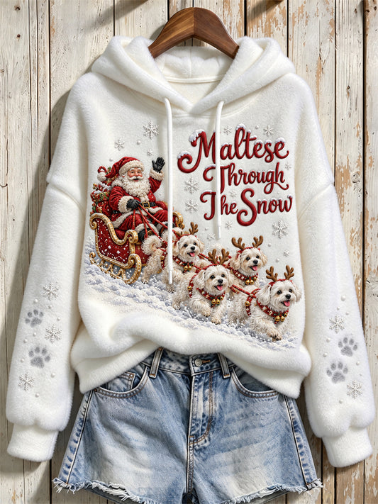 Women's Maltese Through The Snow Christmas Santa Claus & Dogs Print Flannel Hoodie