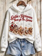 Women's Golden Retrievers Through The Snow Christmas Santa Claus & Dogs Print Flannel Hoodie