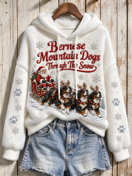 Women's Bernese Mountain Dogs Through The Snow Christmas Santa Claus & Dogs Print Flannel Hoodie