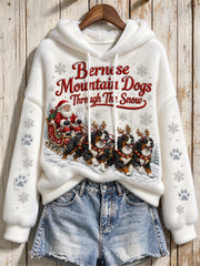 Women's Bernese Mountain Dogs Through The Snow Christmas Santa Claus & Dogs Print Flannel Hoodie
