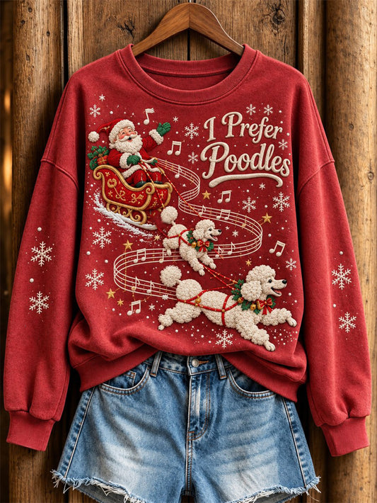 Women's Christmas Music-Themed Poodles and Santa Claus Pattern Casual Sweatshirt
