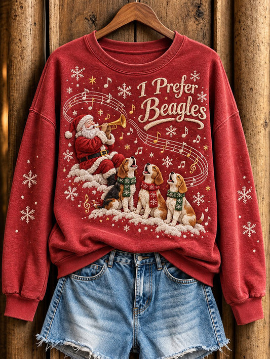 Women's Christmas Music-Themed Beagles and Santa Claus Pattern Casual Sweatshirt