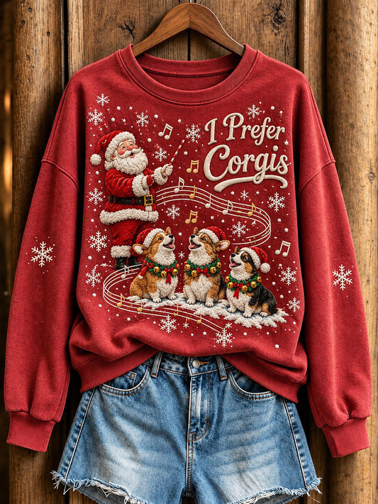 Women's Christmas Music-Themed Corgis and Santa Claus Pattern Casual Sweatshirt
