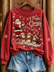 Women's Christmas Music-Themed Corgis and Santa Claus Pattern Casual Sweatshirt