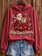 Women's Shiba Claus Is Coming Christmas Print Hooded Sweatshirt