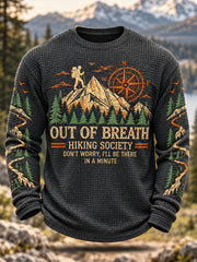 Men's Funny Out Of Breath Hiking Society Print Hike Lovers Casual Waffle Long Sleeve T-Shirt