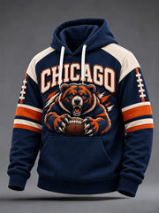 Men's Chicago Football Lover Bear Art Print Oversized Drop-Shoulder Hoodie with Pockets
