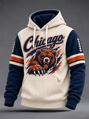 Men's Chicago Football Lover Bear Art Print Oversized Drop-Shoulder Hoodie with Pockets