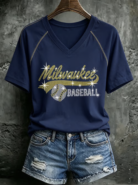 Women's Baseball Print V-neck off-shoulder short-sleeved T-shirt