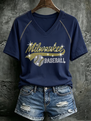 Women's Baseball Print V-neck off-shoulder short-sleeved T-shirt