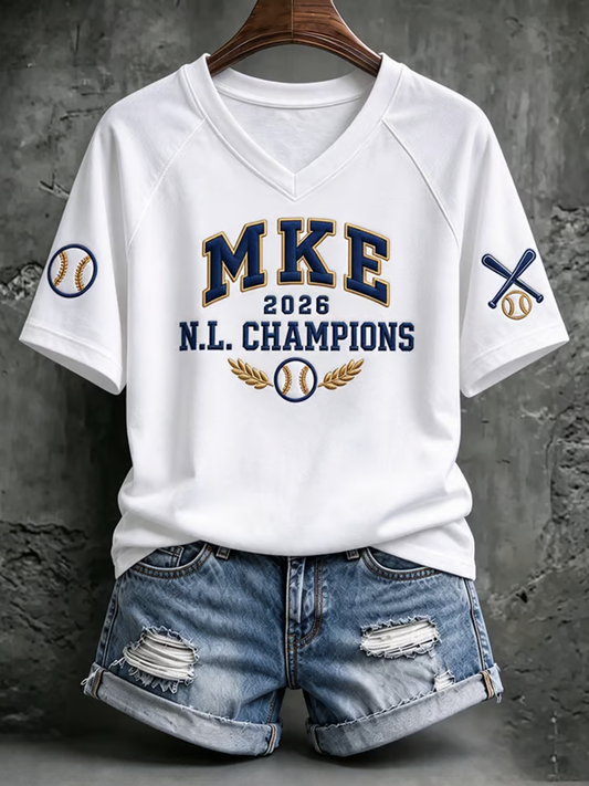 Women's Baseball Print V-neck off-shoulder short-sleeved T-shirt
