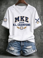 Women's Baseball Print V-neck off-shoulder short-sleeved T-shirt