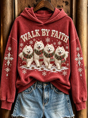 Women's Walk By Faith Christmas Walking Samoyed Dogs & Cross Print Hoodie