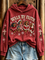 Women's Walk By Faith Christmas Walking Dachshund Dogs & Cross Print Hoodie