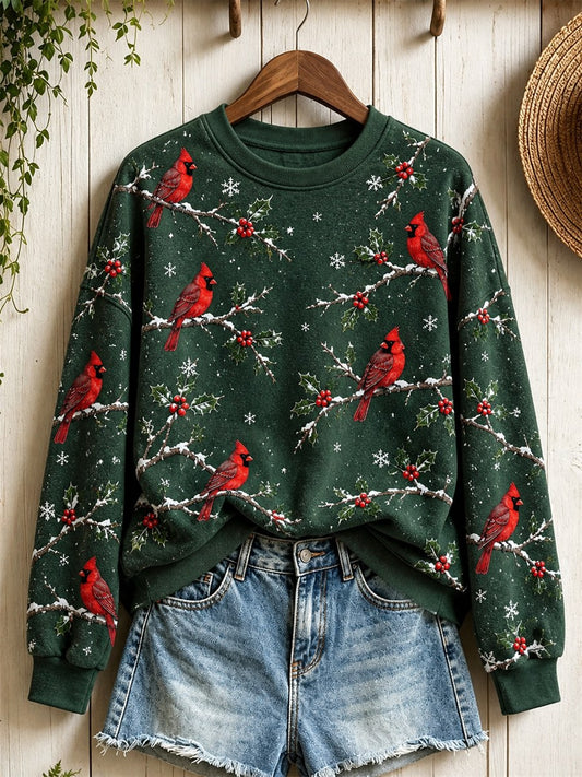 Women's Snowy Winter Red Cardinal Birds on Branches Print Sweatshirt