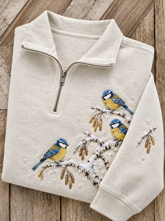 Women's Snowy Winter Blue Tit Birds on Branches Print Zip Up Sweatshirt