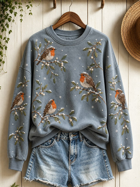 Women's Snowy Winter European Robin Birds on Branches Print Sweatshirt