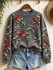 Women's Snowy Winter Red Cardinal Birds on Branches Print Sweatshirt