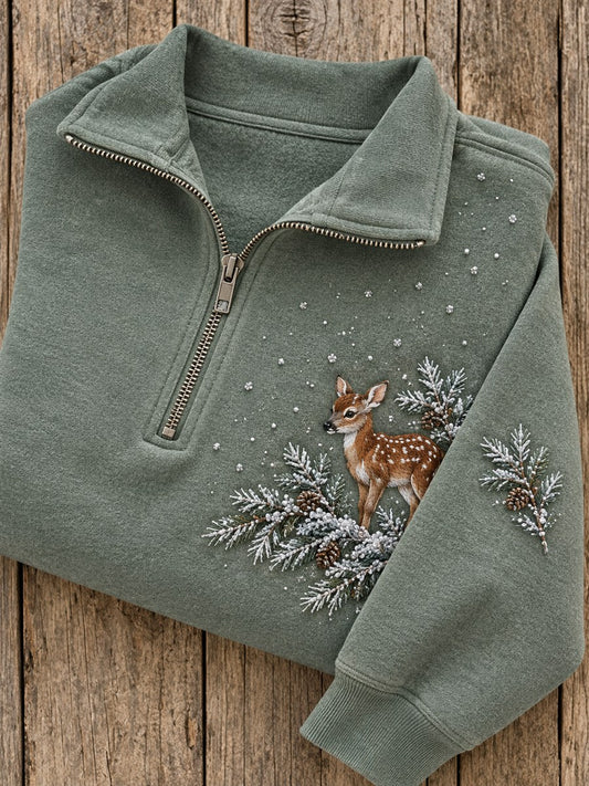 Women's Snowy Winter Forest Deer Print Zip Up Sweatshirt