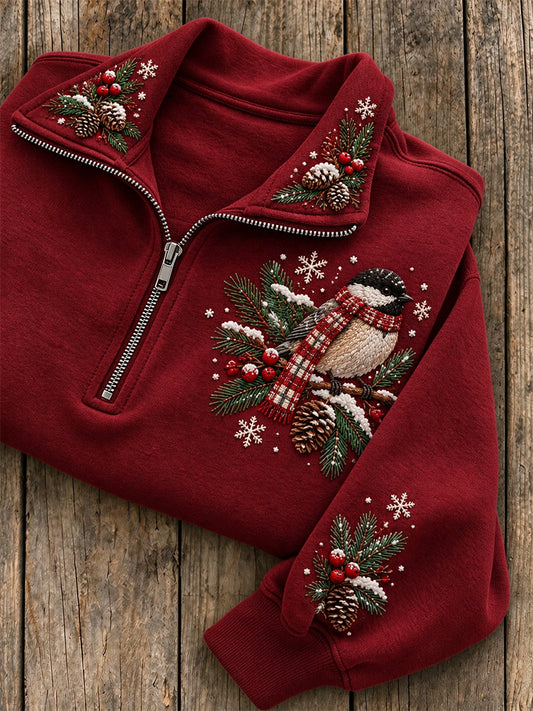 Women's Snowy Winter Black-capped Chickadee On Branch Print Zip Up Sweatshirt