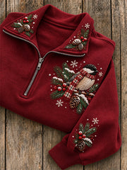 Women's Snowy Winter Black-capped Chickadee On Branch Print Zip Up Sweatshirt