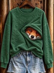 Women's Cute Peeking Fox Wild Berry Embossed Pattern Print Sweatshirt