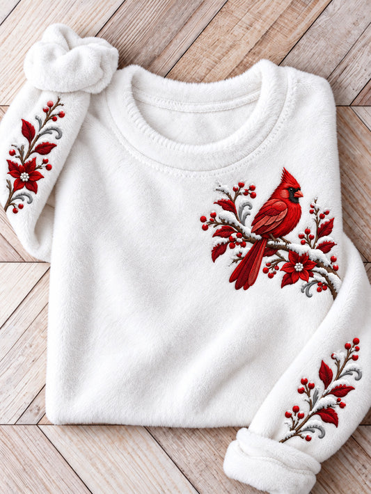 Women's Winter Red Cardinal Pattern Causal Flannel Sweatshirt