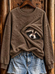 Women's Cute Peeking Raccoon Wild Berry Embossed Pattern Print Sweatshirt