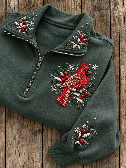 Women's Snowy Winter European Robin On Branch Print Zip Up Sweatshirt
