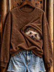 Women's Cute Peeking Hedgehog Wild Berry Embossed Pattern Print Sweatshirt
