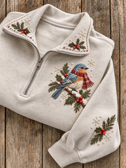 Women's Snowy Winter Stitchy Bluebird On Branch Print Zip Up Sweatshirt