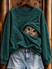 Women's Cute Peeking Owl Wild Berry Embossed Pattern Print Sweatshirt