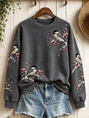 Women's Snowy Winter Black-capped Chickadee Birds on Branches Print Sweatshirt