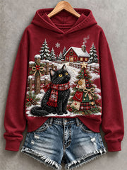 Women's Cute Cat And Snowy Scenery Hoodie