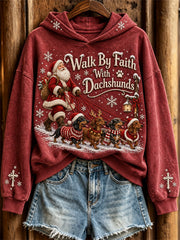 Women's Walk By Faith With Dachshunds Christmas Santa Claus & Dogs Print Hoodie