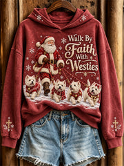 Women's Walk By Faith With Westies Christmas Santa Claus & Dogs Print Hoodie