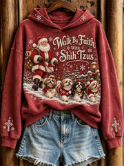 Women's Walk By Faith With Shih Tzus Christmas Santa Claus & Dogs Print Hoodie
