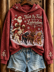 Women's Walk By Faith With Labradors Christmas Santa Claus & Dogs Print Hoodie