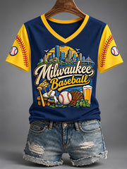 Women's Never Stop Brewlieving Gift For Baseball Fans Casual V-Neck Tee