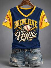 Women's Never Stop Brewlieving Gift For Baseball Fans Casual V-Neck Tee
