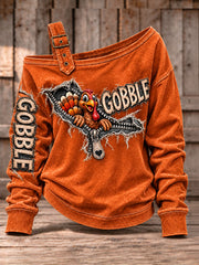 Women's Cute Thanksgiving Turkey Face Art  Casual Off-Shoulder Sweatshirt